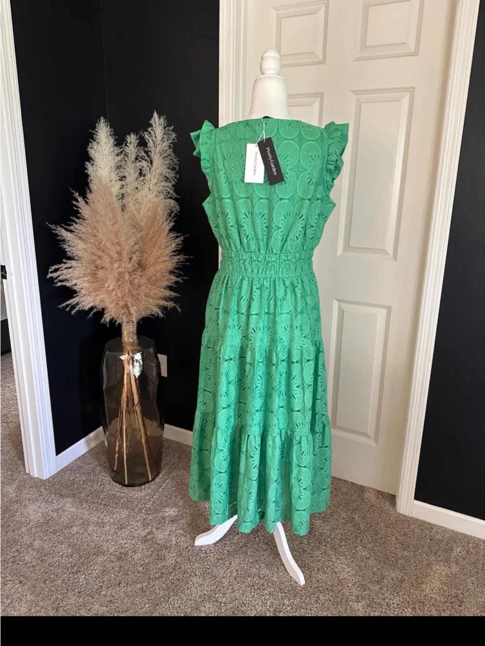 NWT PRETTYGARDEN Boho Maxi Dress Floral Lace Eyelet V-Neck In Green Size Large - Picture 10 of 12